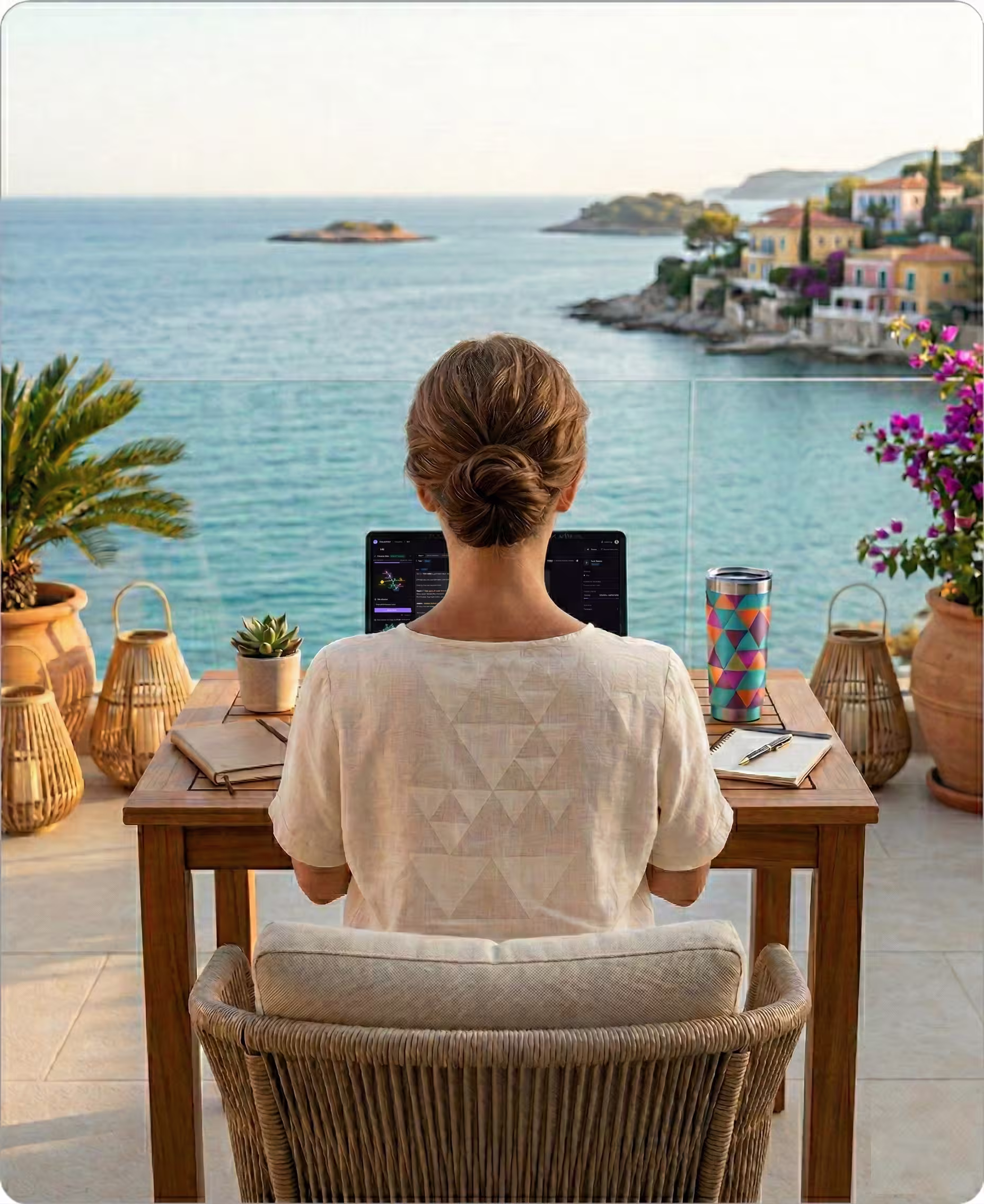Imprenditrice B2C che lavora da remoto con un laptop in riva al mare